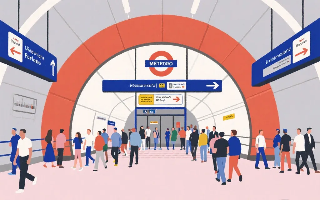 墨西哥城地铁与比赛日人流的纪实插画风，强调动线与指示牌