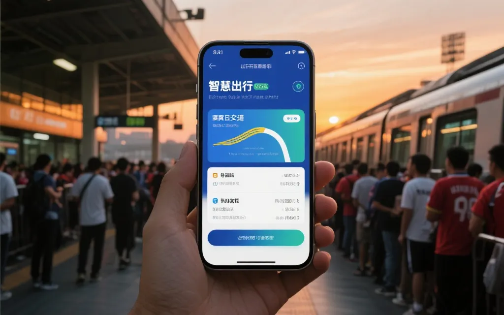 主办城市比赛日的智慧出行界面与轨道交通站点指引，球迷在黄昏中有序排队