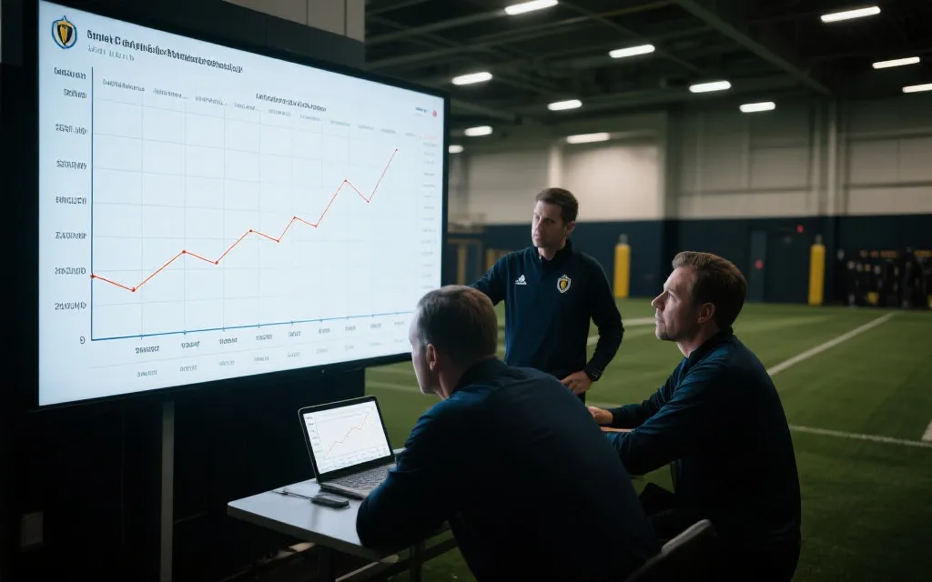 教练组在战术屏幕前分析负荷曲线与轮换方案，体现数据驱动备战
