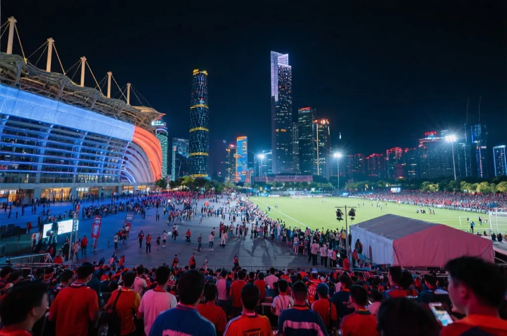 现代化球场外的球迷聚集区与城市夜景